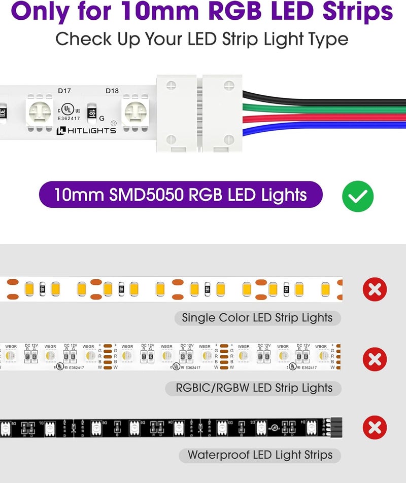 HitLights 12 Pack 10mm 4 Pin RGB LED Strip Connectors - 6 Inch Solderless Connectors for 5050 Color Changing LED Tape Light, Kitchens, Cabinets and More - Image 5